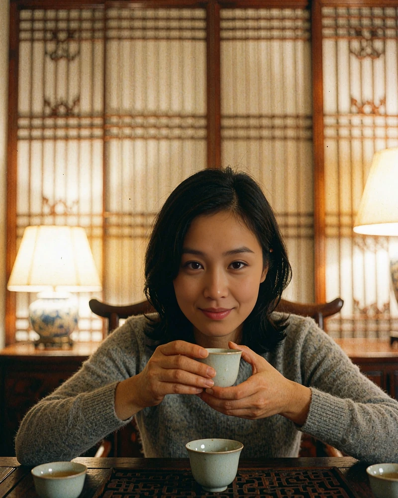 Chinese woman in a soft grey knit sitting at a wooden tea table with a porcelain cup