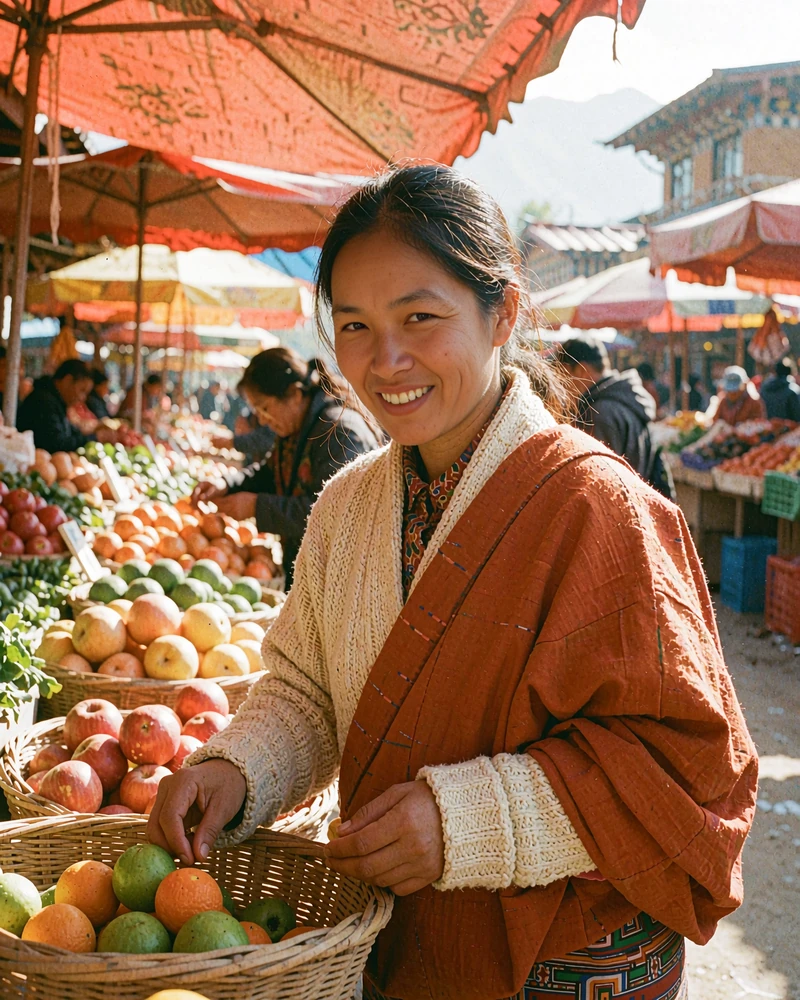 Bhutanese woman in a burnt-orange wrap browsing a warm produce market
