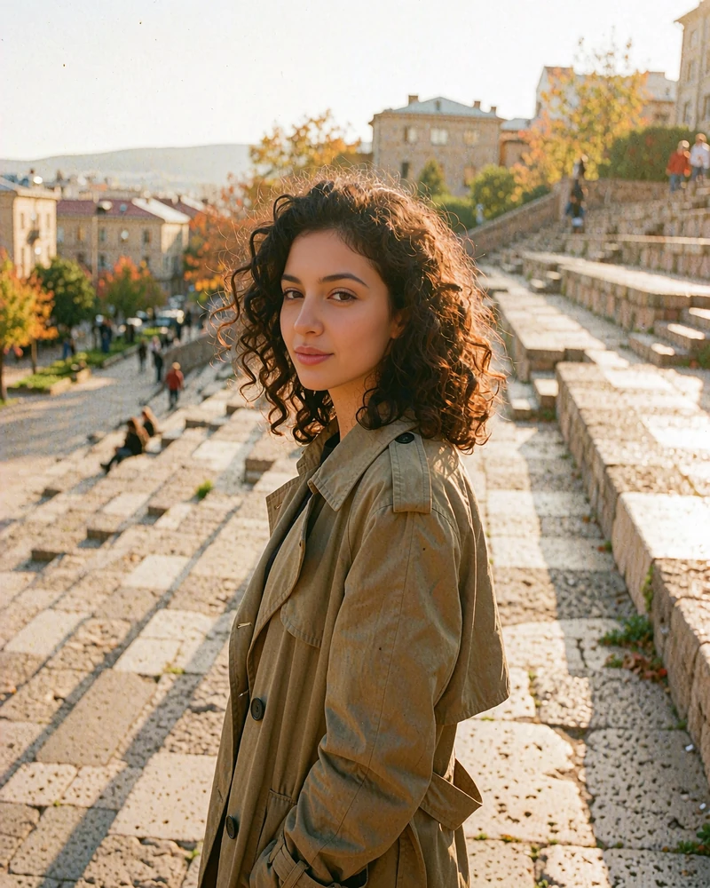 Armenian woman in an olive trench coat on a wide warm-stone city stairway