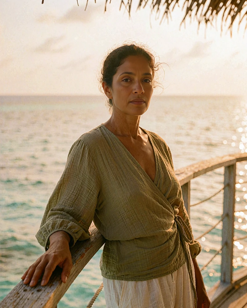 Maldivian woman in an olive blouse standing on a sea-view wooden terrace