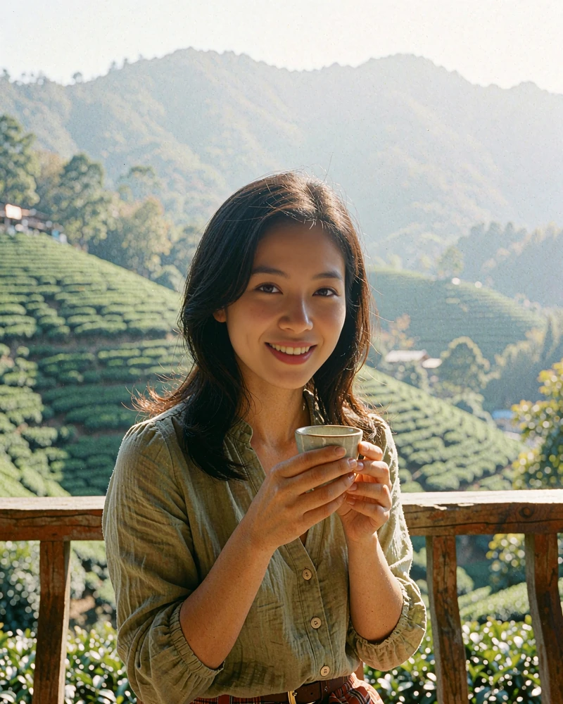 Taiwanese woman in an olive blouse holding a ceramic cup on a misty teahouse terrace