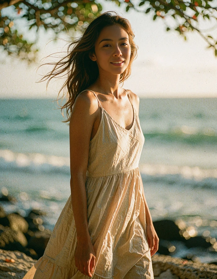 Indonesian woman in a sand-toned dress on a shaded seaside terrace at golden hour