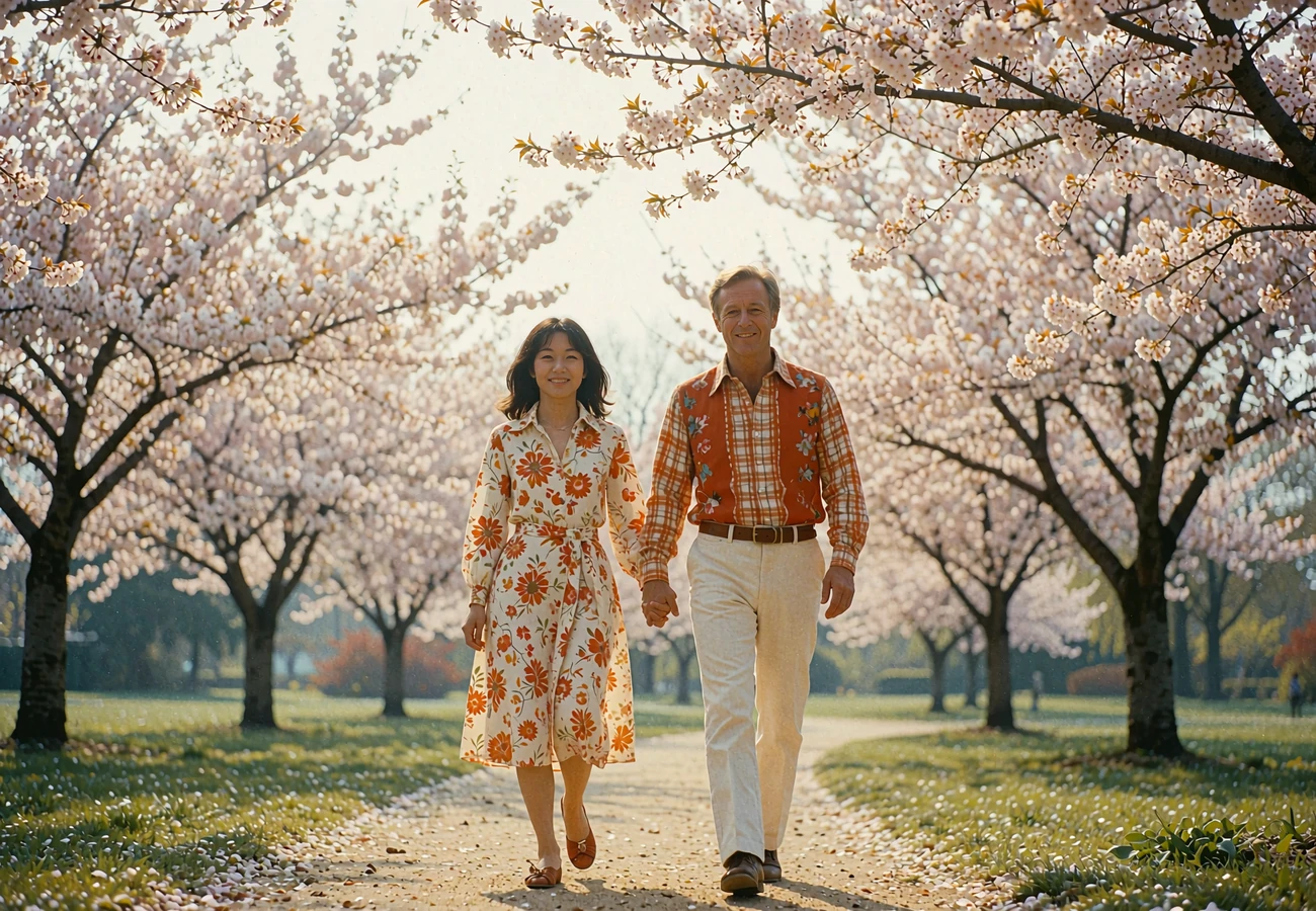 Japanese woman and Western man walking hand in hand beneath spring blossoms