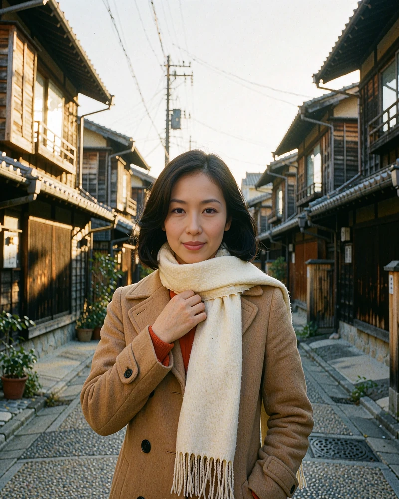Japanese woman in a camel coat and cream scarf in a traditional Kyoto lane