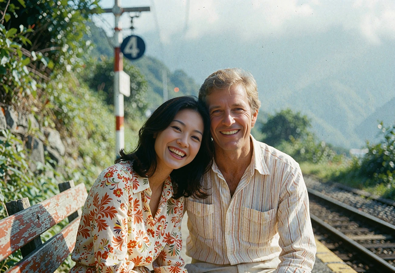 Taiwanese woman and Western man laughing together on a misty mountain railway platform