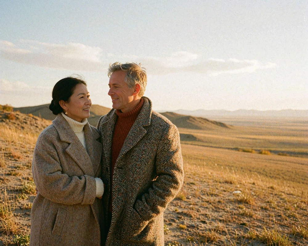 Mongolian woman and Western man smiling together on a golden grassy hillside