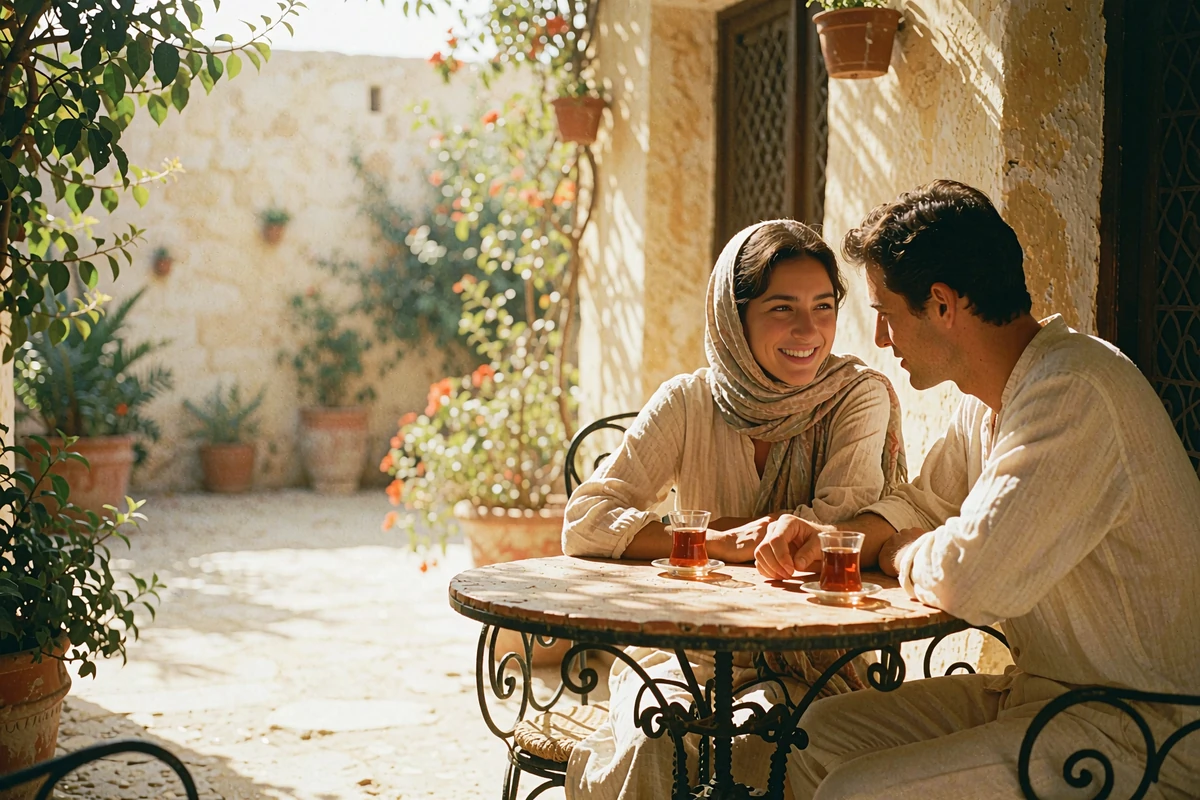 Middle Eastern woman and man sharing tea during an attentive conversation on a sunlit terrace