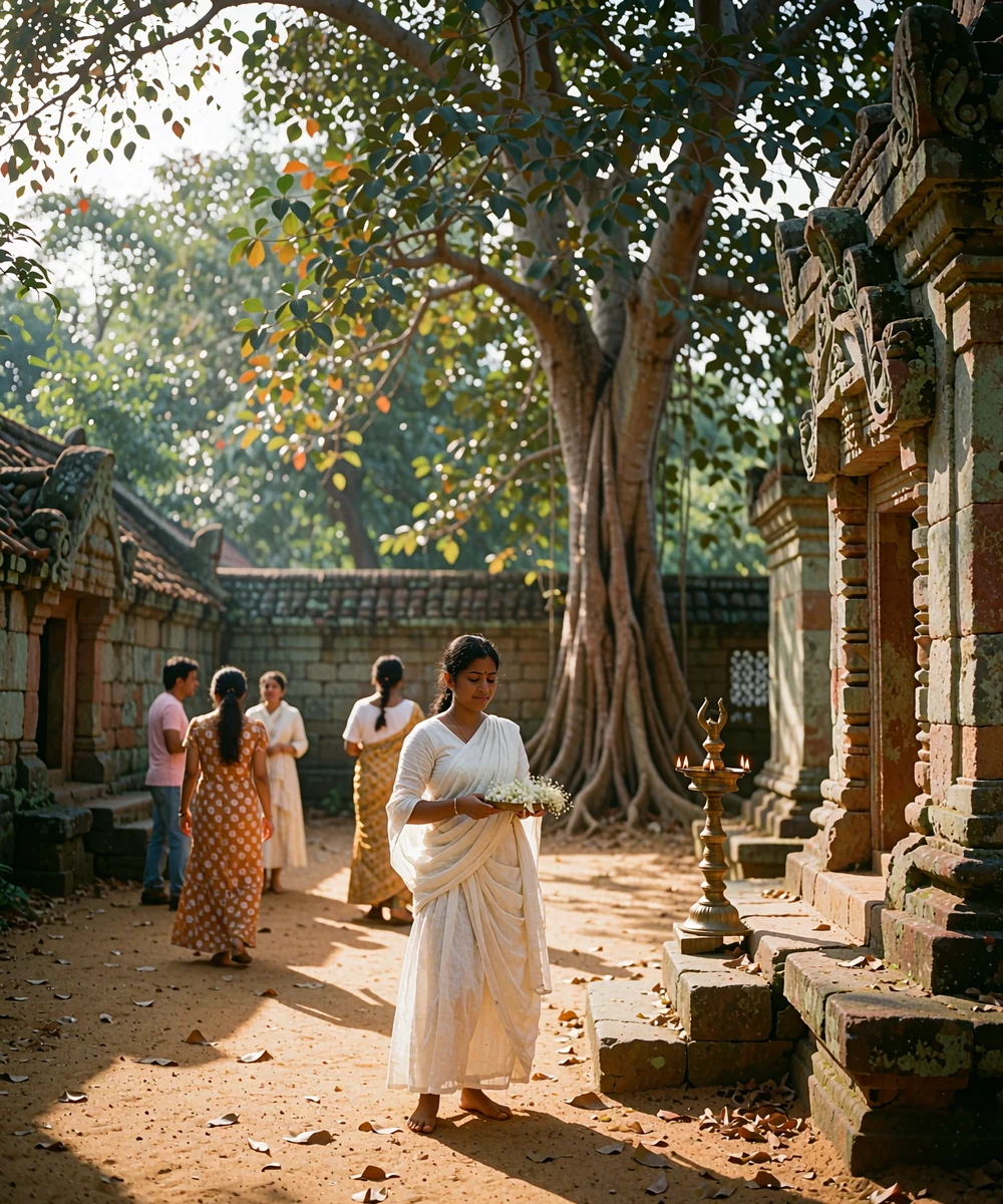 Sri Lankan woman holding white flowers in a quiet Sri Lankan temple courtyard at early evening
