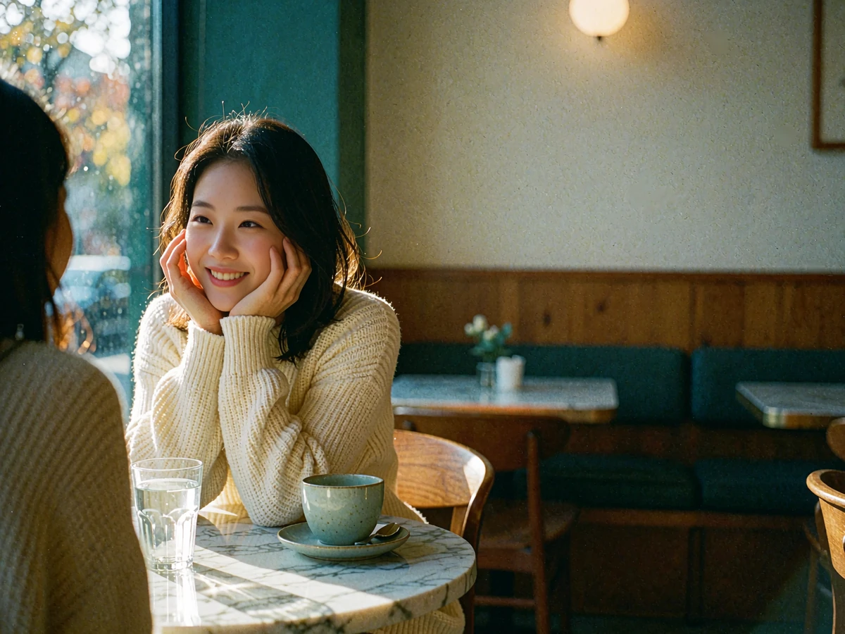 Korean woman smiling playfully across a marble café table during a relaxed date