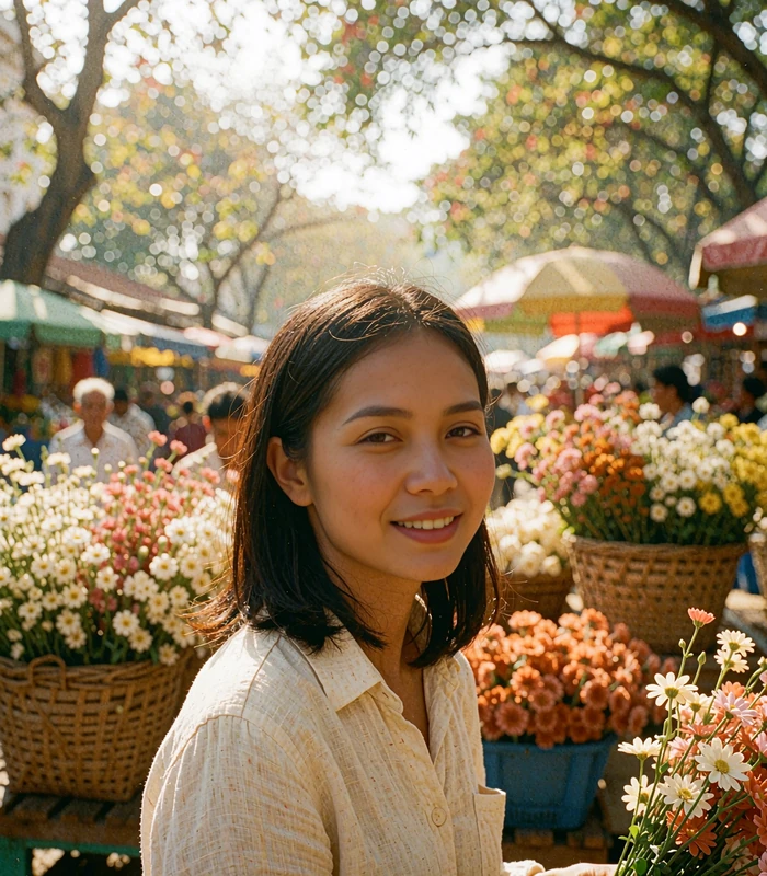 Burmese woman in a cream linen shirt near a flower market stall