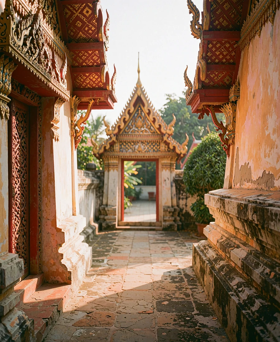 Traditional Thai temple courtyard with carved teak doors and a stone path toward a sunlit gateway