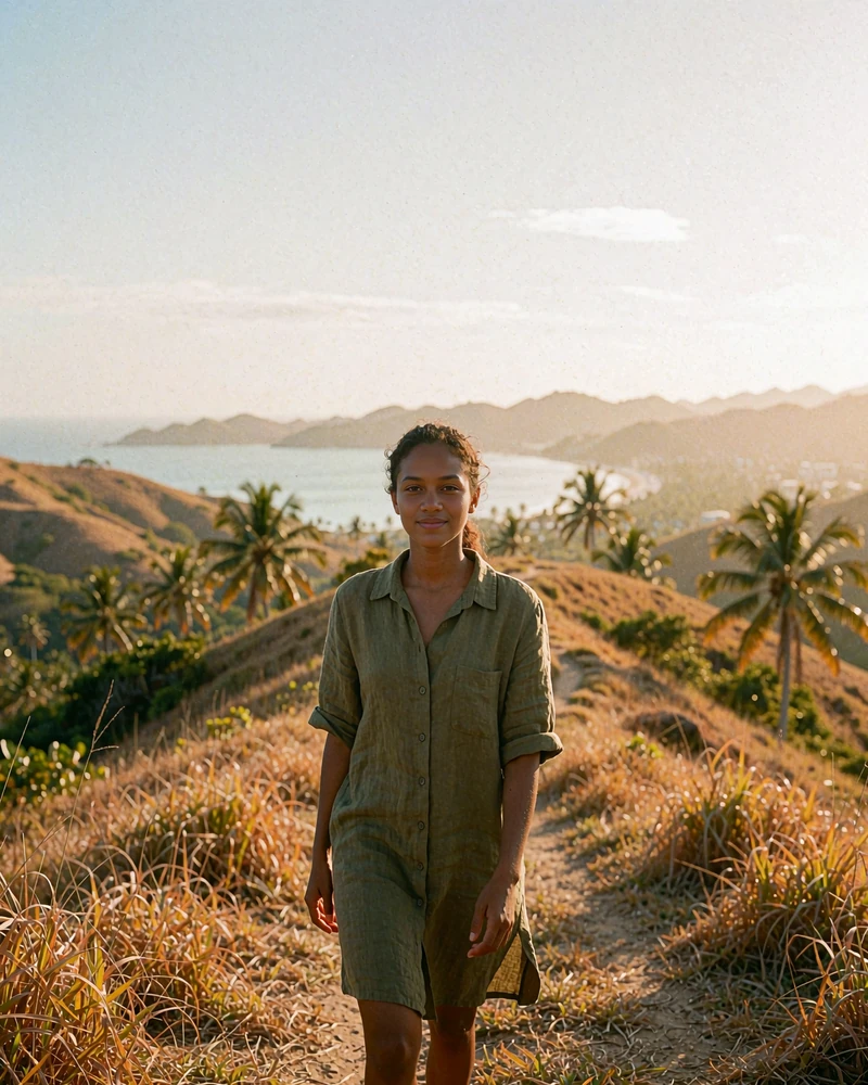 Timorese woman in an olive linen dress on a hillside path above a bay
