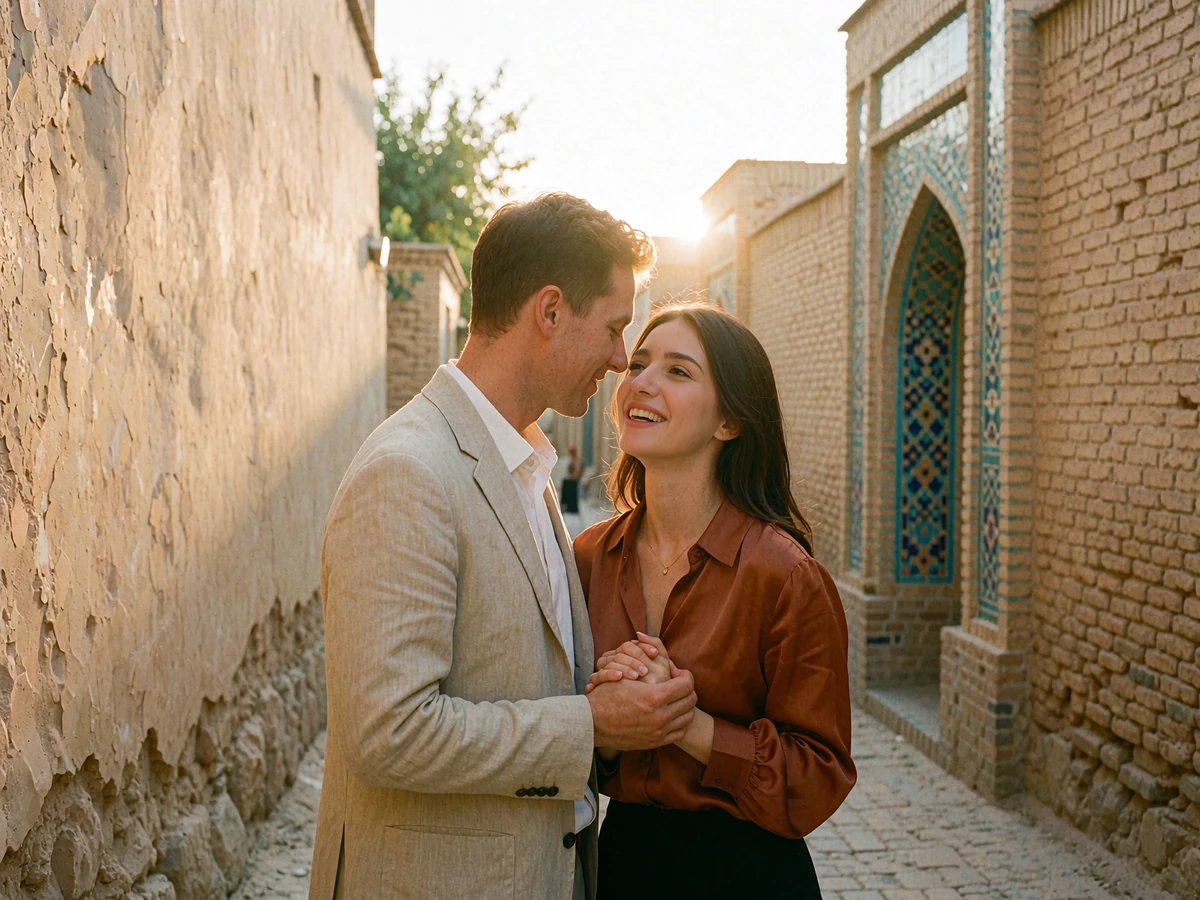 Uzbek woman and Western man standing close together in a warm old-city lane at golden hour