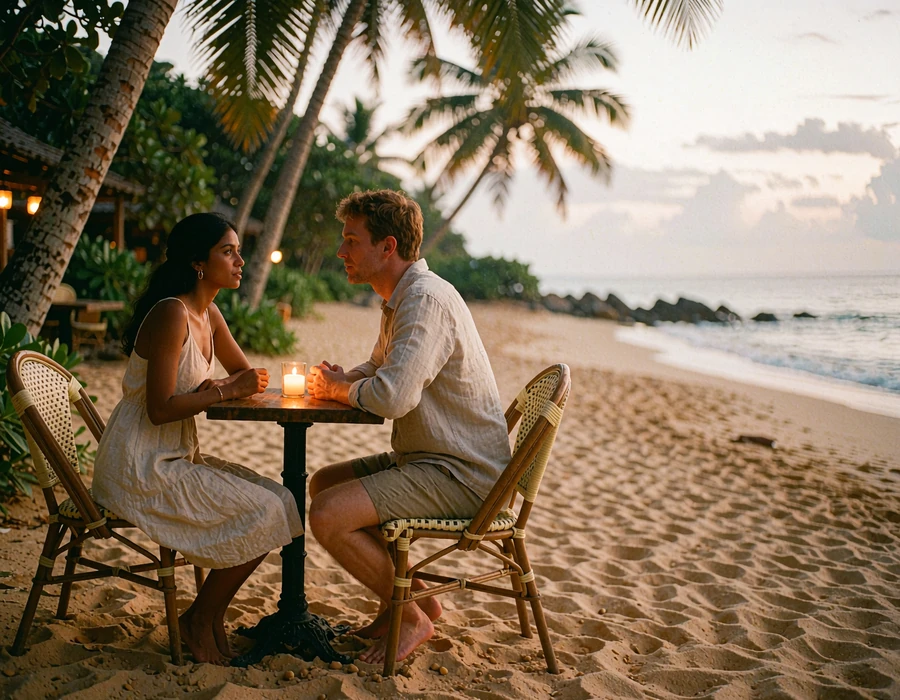Sri Lankan woman and Western man speaking over dinner on a quiet beachside terrace