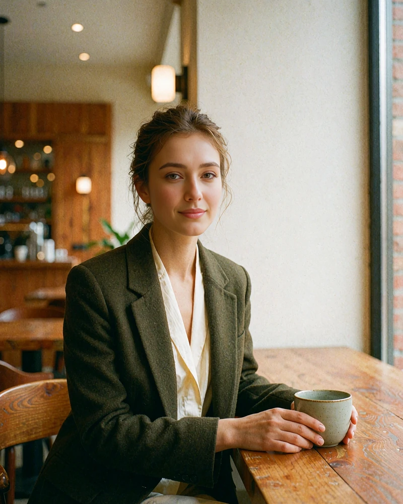 Kyrgyz woman in an olive blazer seated beside a café window