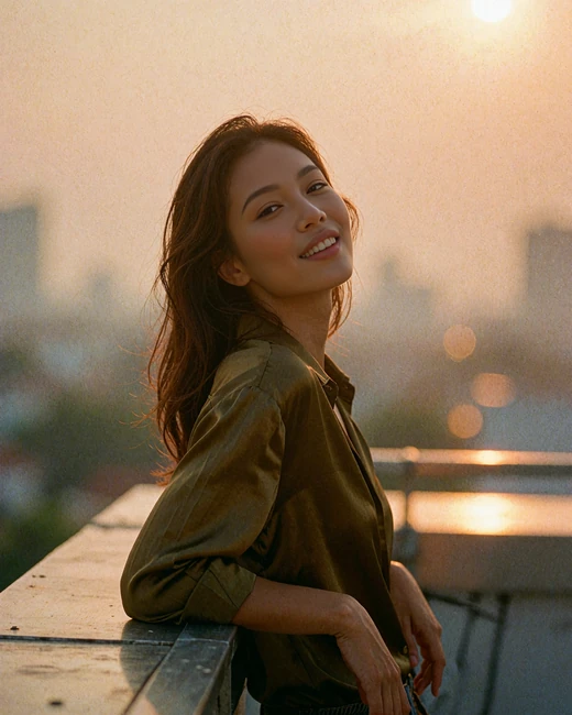 Thai woman in a deep olive silk shirt at a rooftop lounge