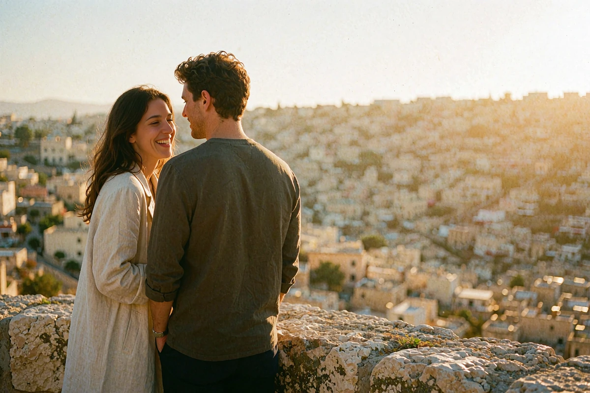 Jordanian woman and her partner laughing together at a golden-hour stone overlook above a hillside city