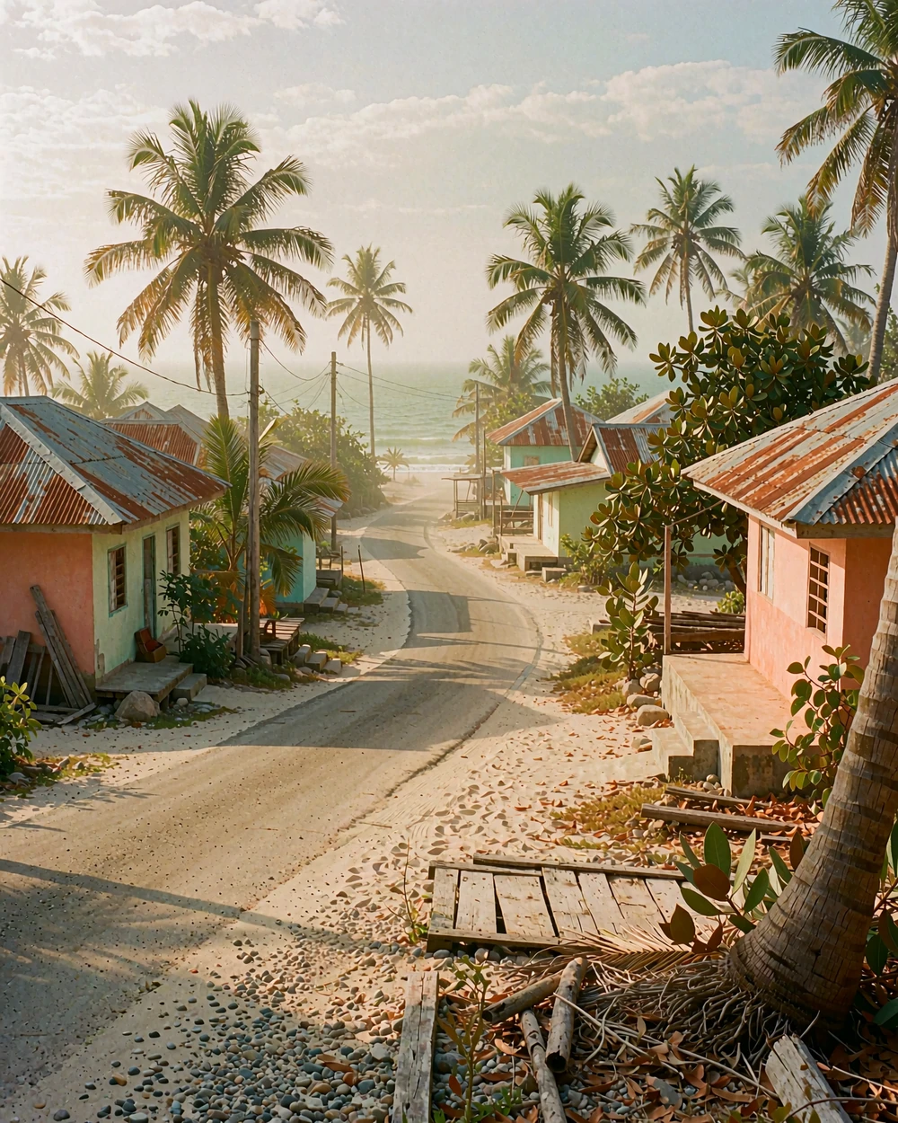 Quiet coastal village road in Timor-Leste leading toward palm trees and the sea