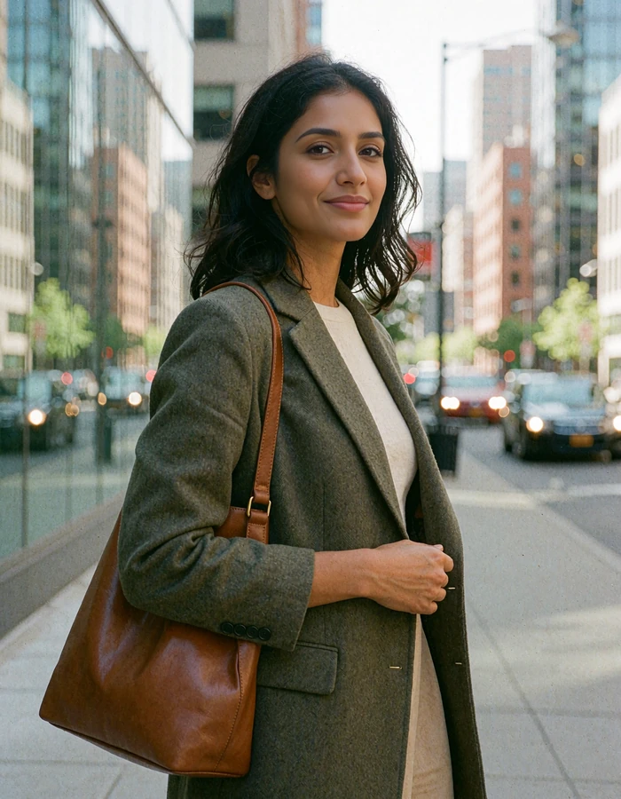 Indian woman in an olive blazer on a modern city sidewalk