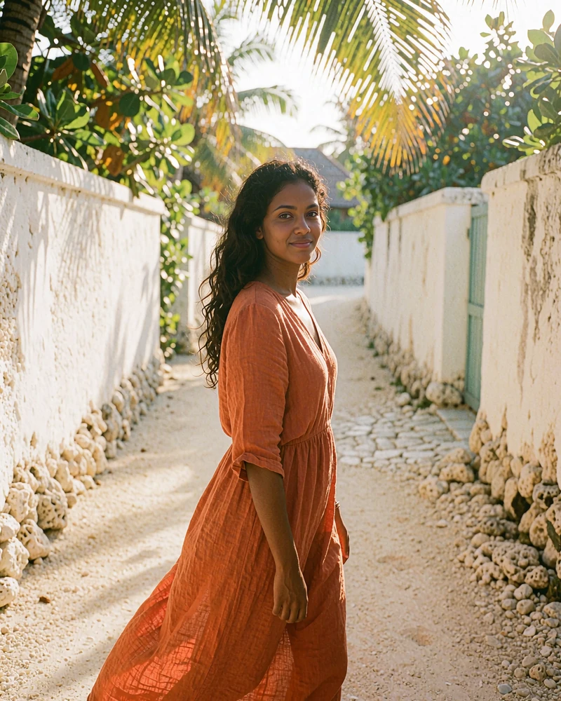 Maldivian woman in a burnt-orange linen dress walking along a coral-stone island lane