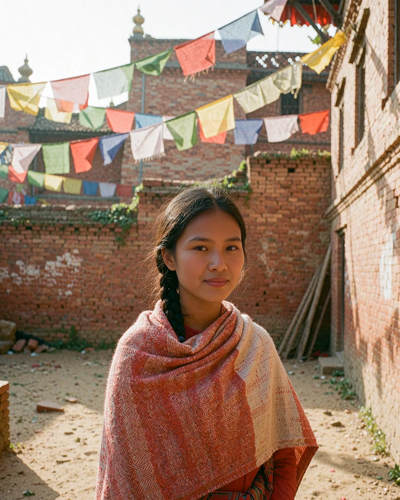 Nepali woman in a red and cream shawl in a quiet brick courtyard