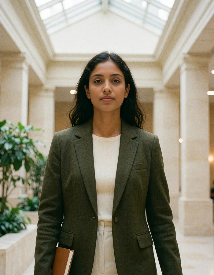 Singaporean Indian woman in an olive blazer holding a notebook in a bright modern office atrium