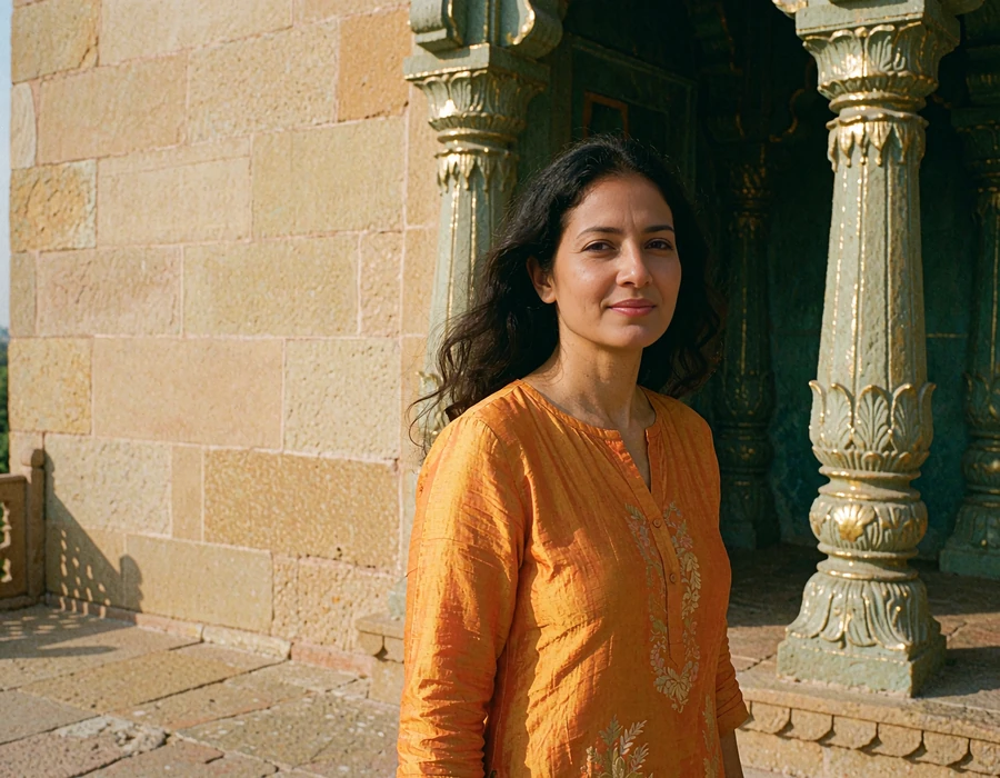 Elegant Indian woman in a marigold kurta standing on a shaded stone terrace