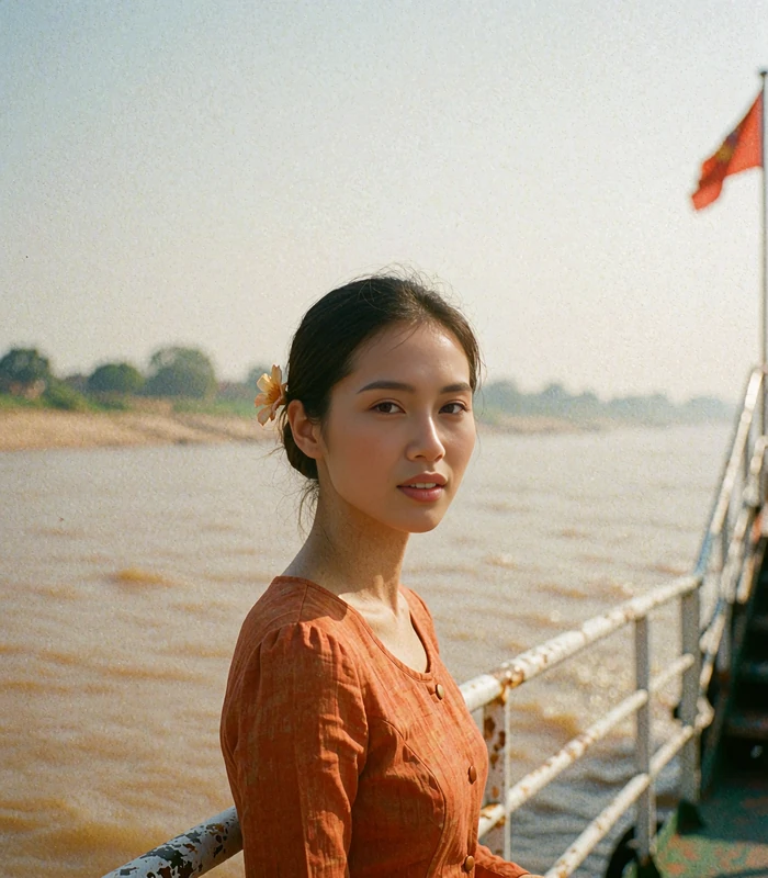 Burmese woman in a burnt-orange blouse standing at a river ferry railing