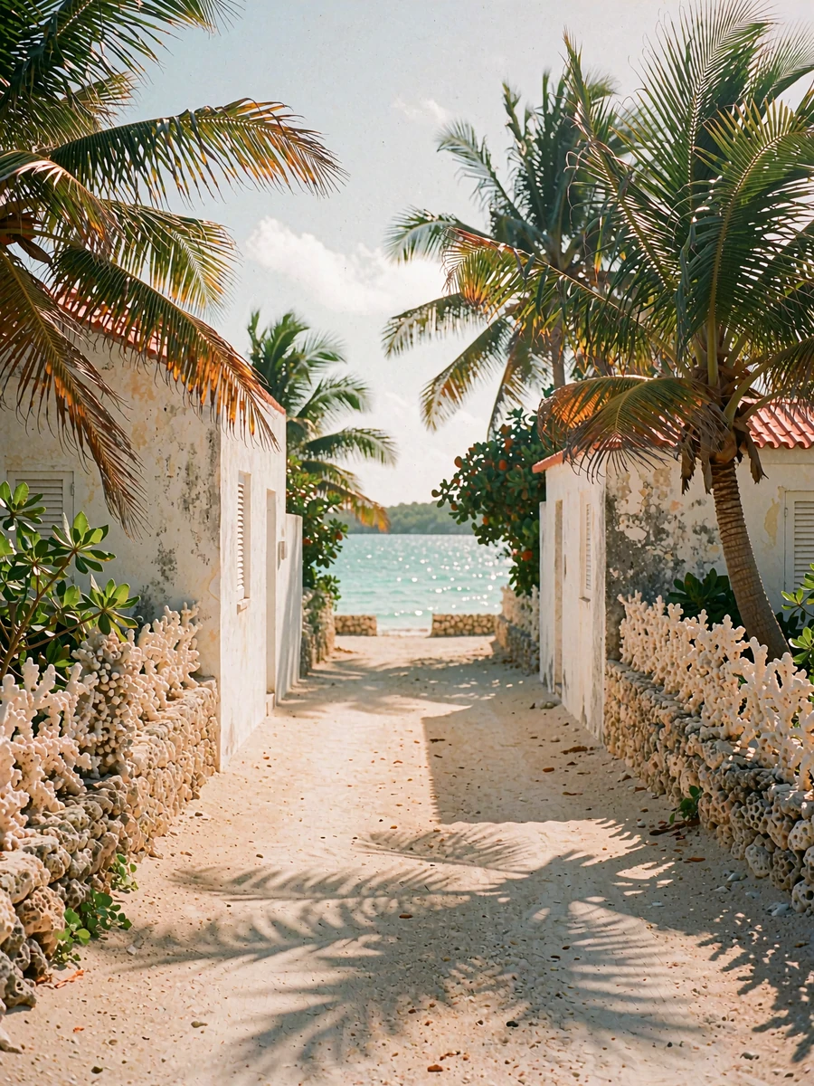 Quiet coral-stone village lane in the Maldives leading toward a turquoise shoreline