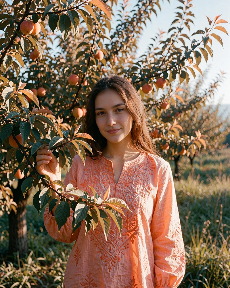 Tajik woman in a coral embroidered tunic standing among sunlit orchard branches