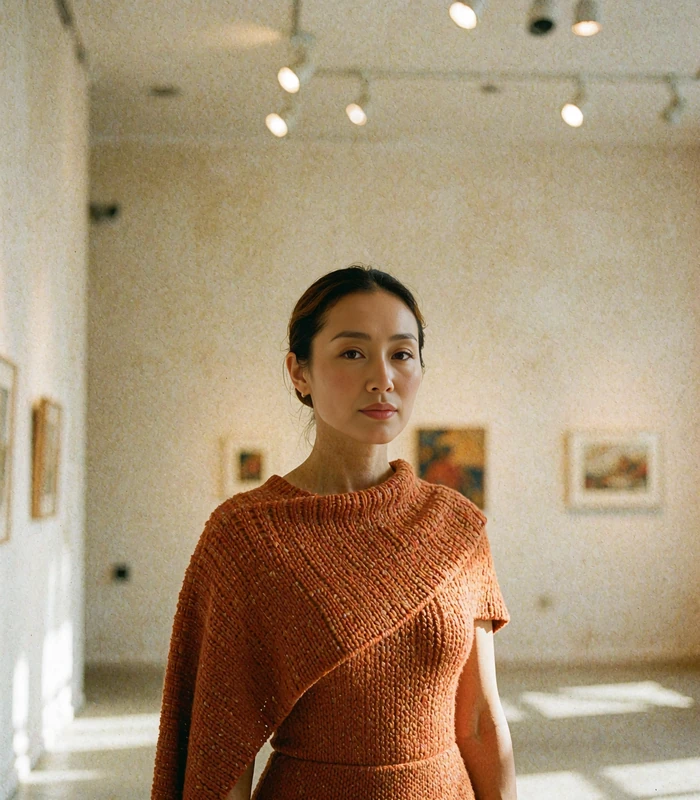 Mongolian woman in a burnt-orange dress in a softly lit modern art gallery