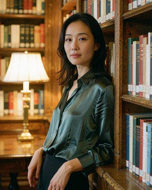 Chinese woman in a teal blouse beside shelves in a private library