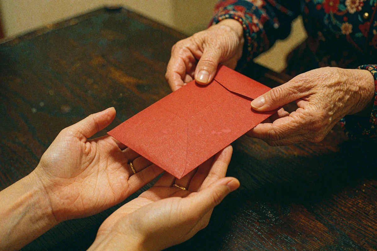 Older woman passing a plain red envelope to a young Asian woman across a dark wooden table