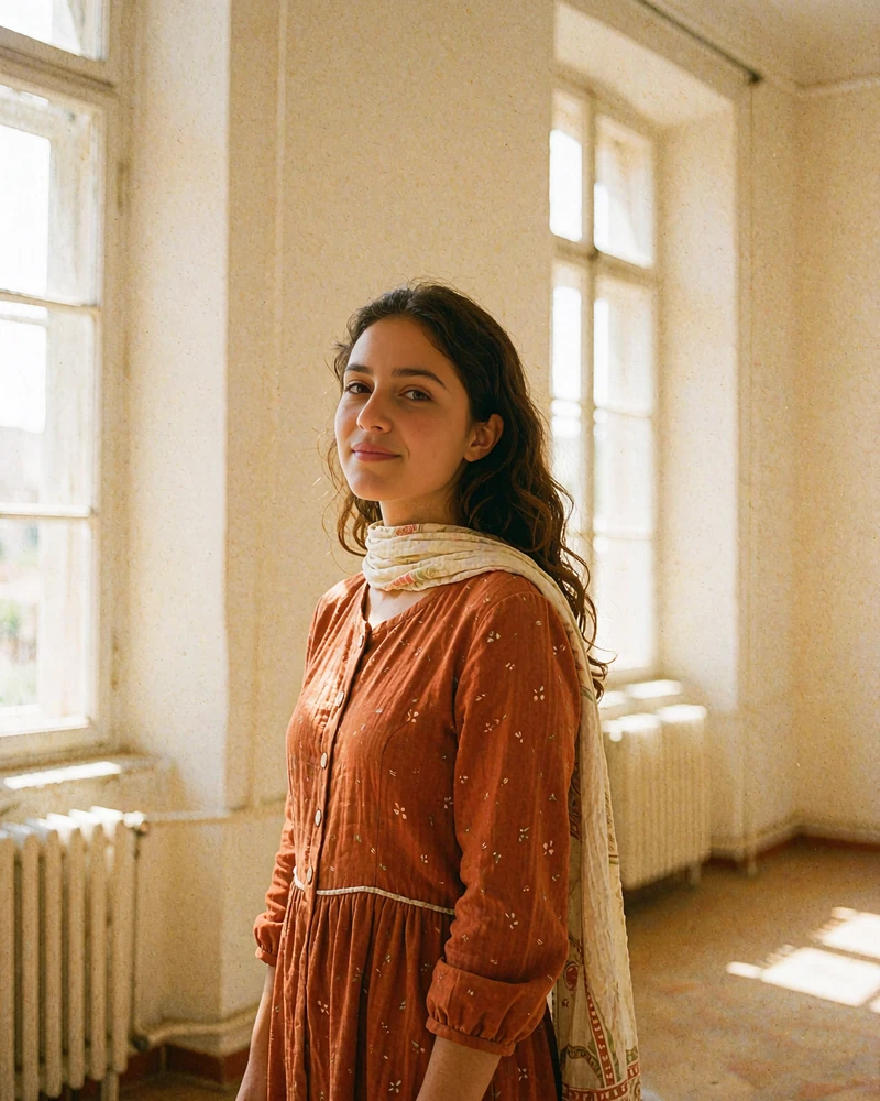 Afghan woman in a burnt-orange dress standing in a bright reading room