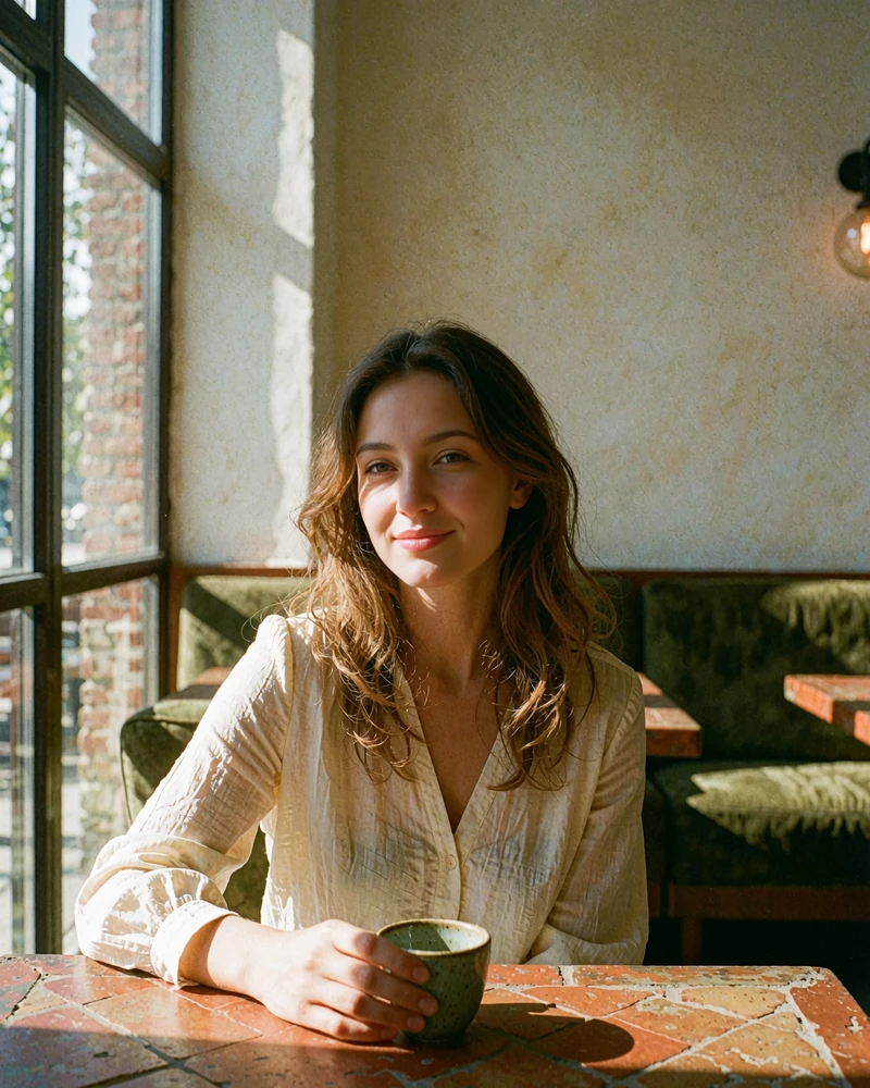Kazakh woman in a cream blouse sitting beside a café window with a ceramic cup