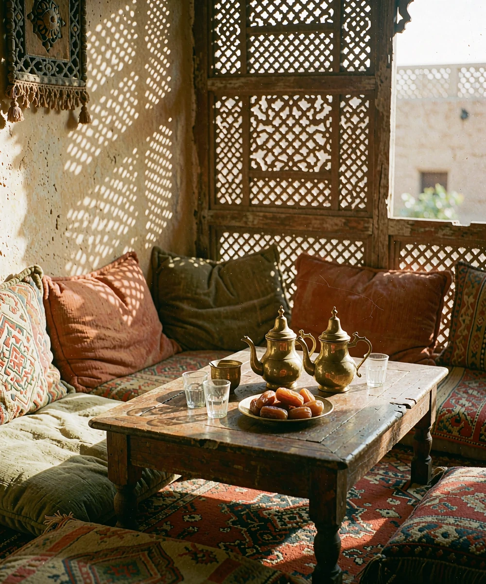 Arab home table with tea glasses, dates and cushions prepared for welcoming guests