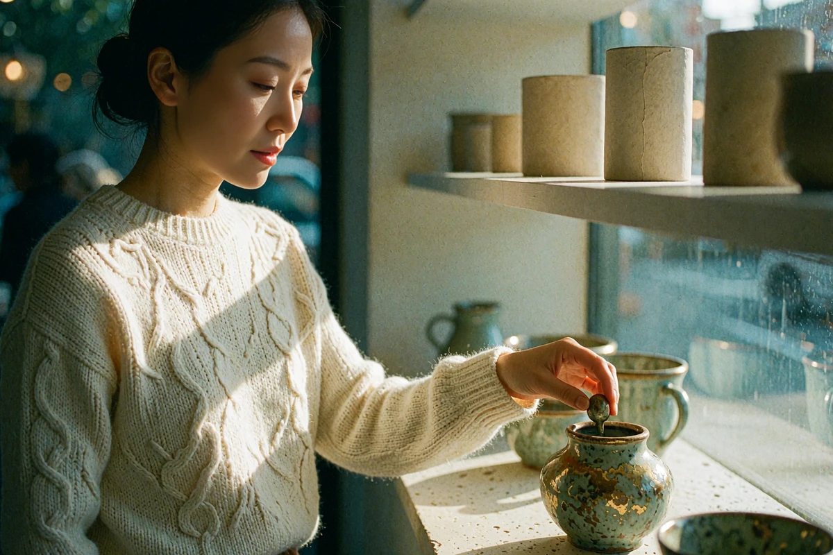 Korean woman thoughtfully examining a small ceramic gift in a refined boutique