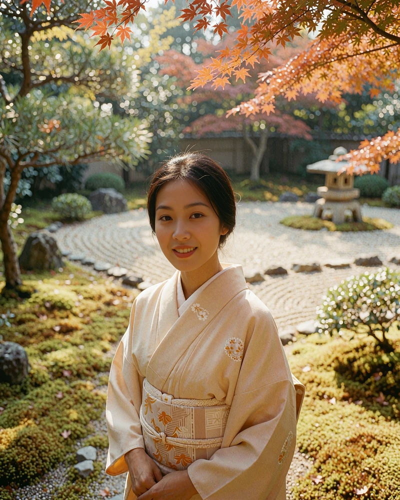 Japanese woman in a soft-toned kimono on a garden path with maples in the background