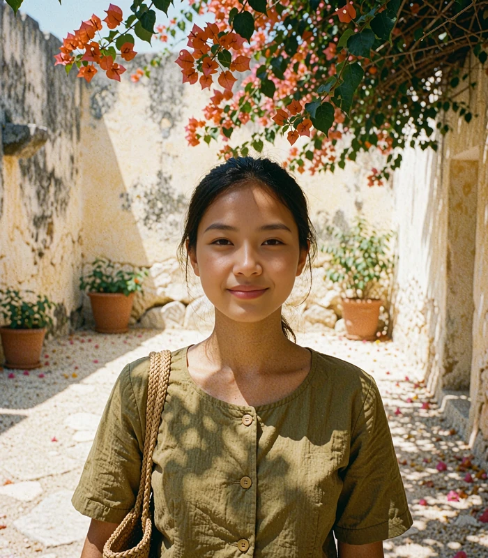 Burmese woman in an olive cotton top standing in a shaded courtyard