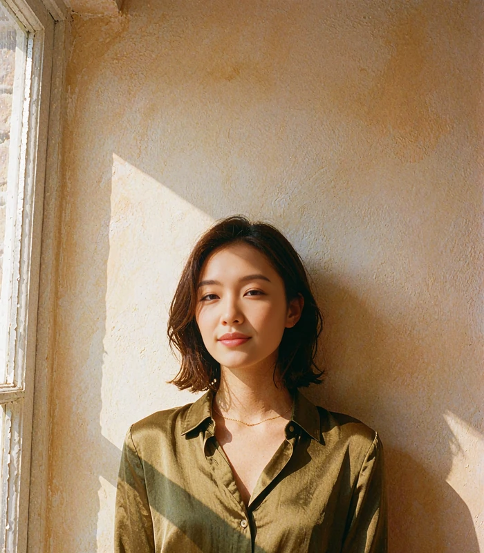 Korean-heritage woman in an olive silk blouse against a sunlit plaster wall