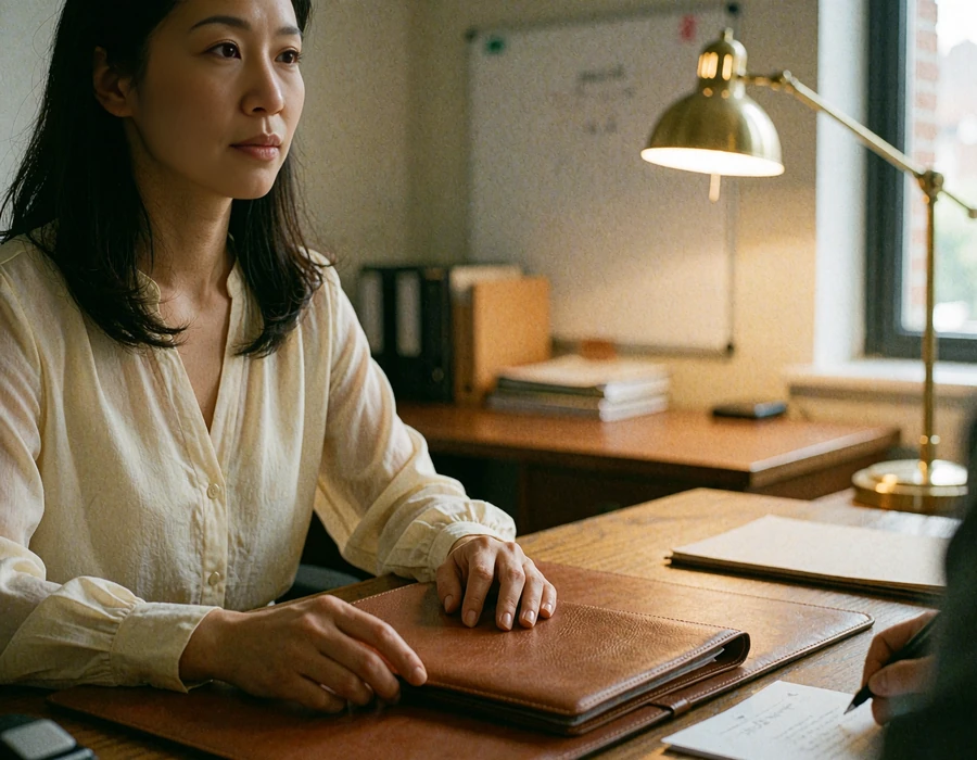 Asian woman reviewing a member profile at a warm wooden office desk