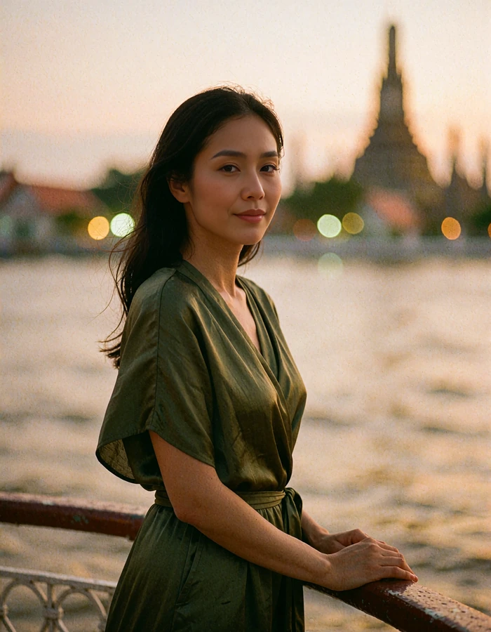 Thai woman in an olive wrap dress beside a riverside terrace at dusk