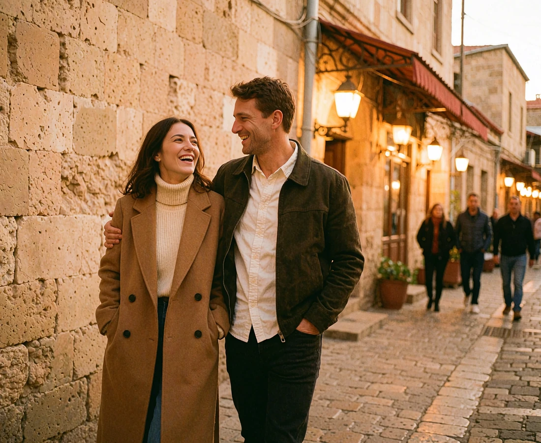 Armenian woman and Western man walking arm in arm along a warmly lit old-town street