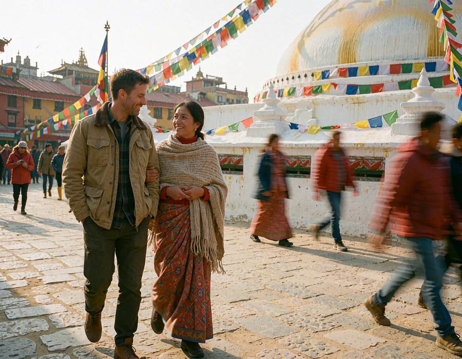 Nepali woman and Western man walking near a whitewashed stupa in late afternoon