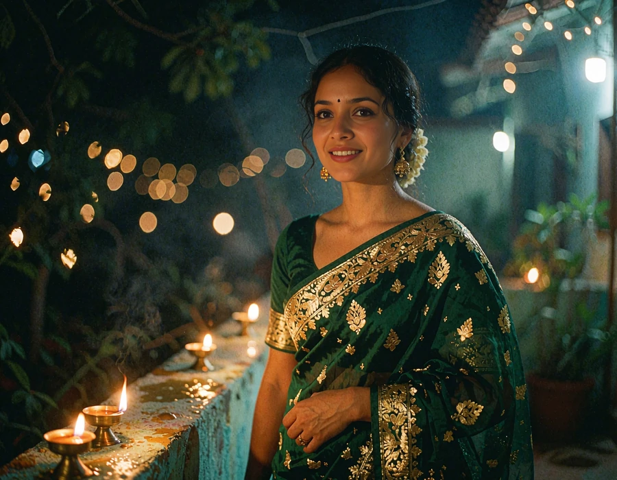 Indian woman in a green sari standing beside glowing oil lamps on a home terrace at night