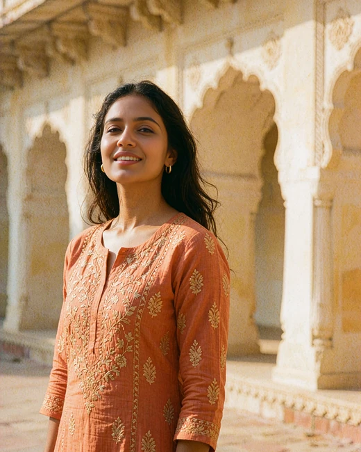 Indian woman in a saffron kurta standing in a sandstone courtyard