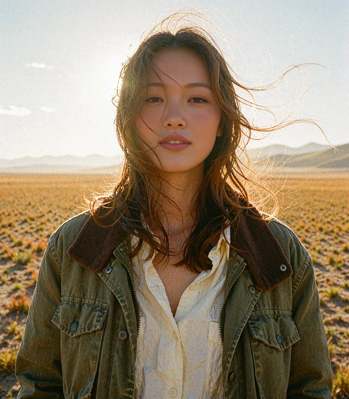 Mongolian woman in an olive jacket standing in golden open grassland