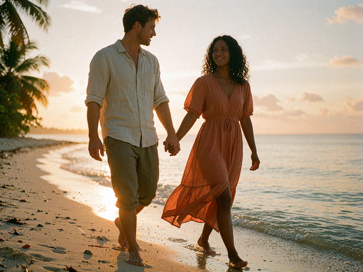 Timorese woman and Western man walking together on a tropical beach at sunset