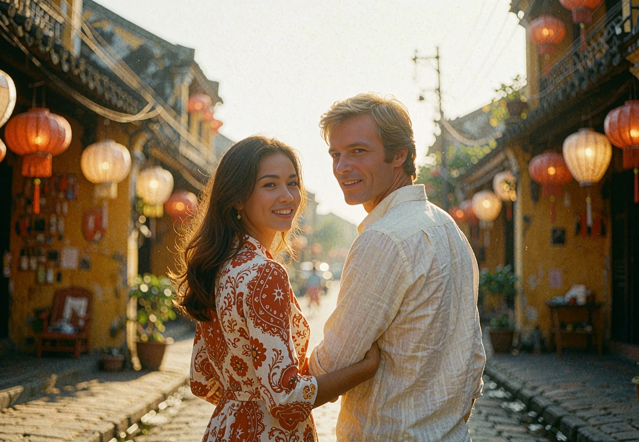 Vietnamese woman and Western man smiling together on a lantern-lit old-town street