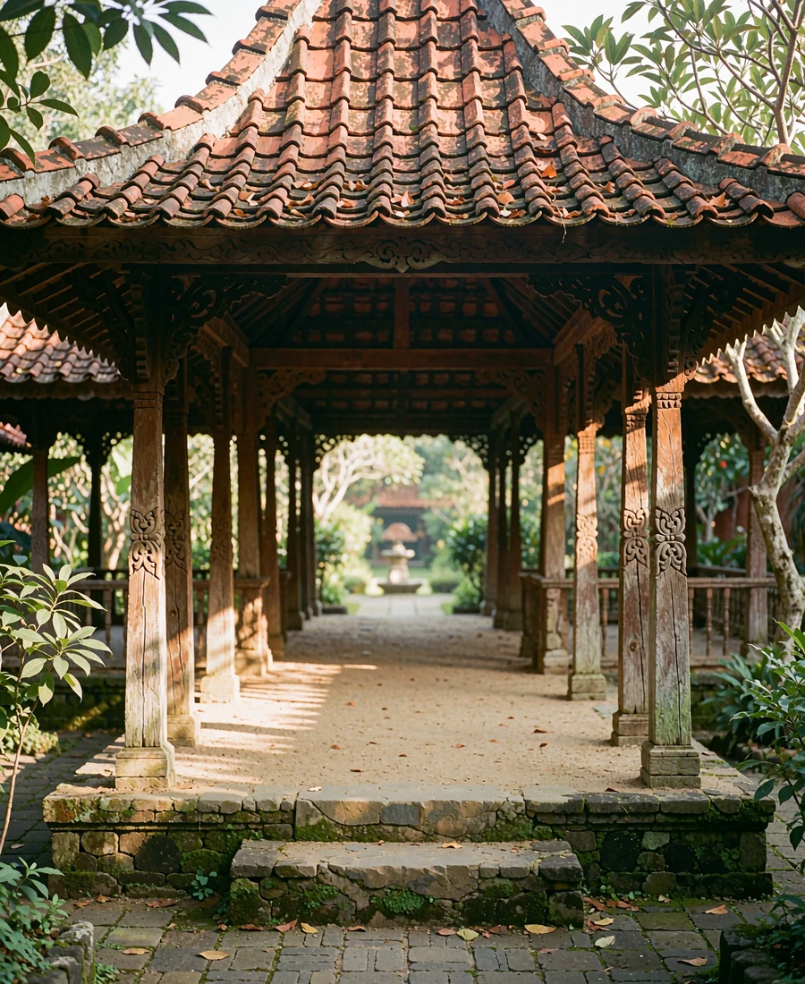 Traditional Javanese pavilion with carved teak columns along an empty shaded walkway